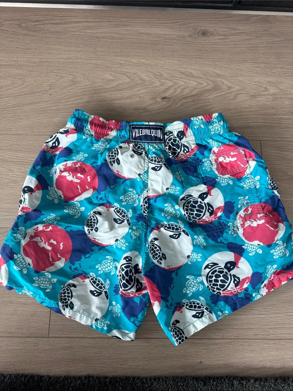 Vilebrequin Turquoise Swim Shorts with Pink & Navy Turtle Print